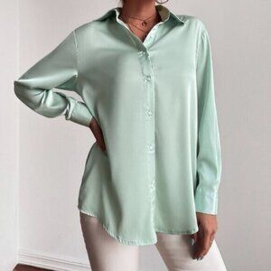 Mint Green Preppy Womens Button Up Solid Shirt